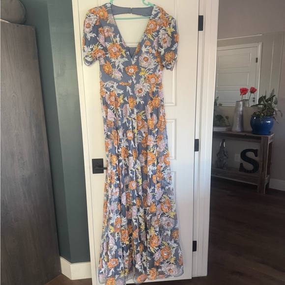 Jovani Blue and Gold Floral sequin Backless Dress - Picture 6 of 7